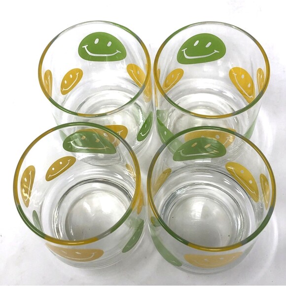 4 VTG 70s LIBBEY SMILEY FACE Stackable Glass Tumblers Green & Yellow 4 1/4" MCM - Picture 6 of 10